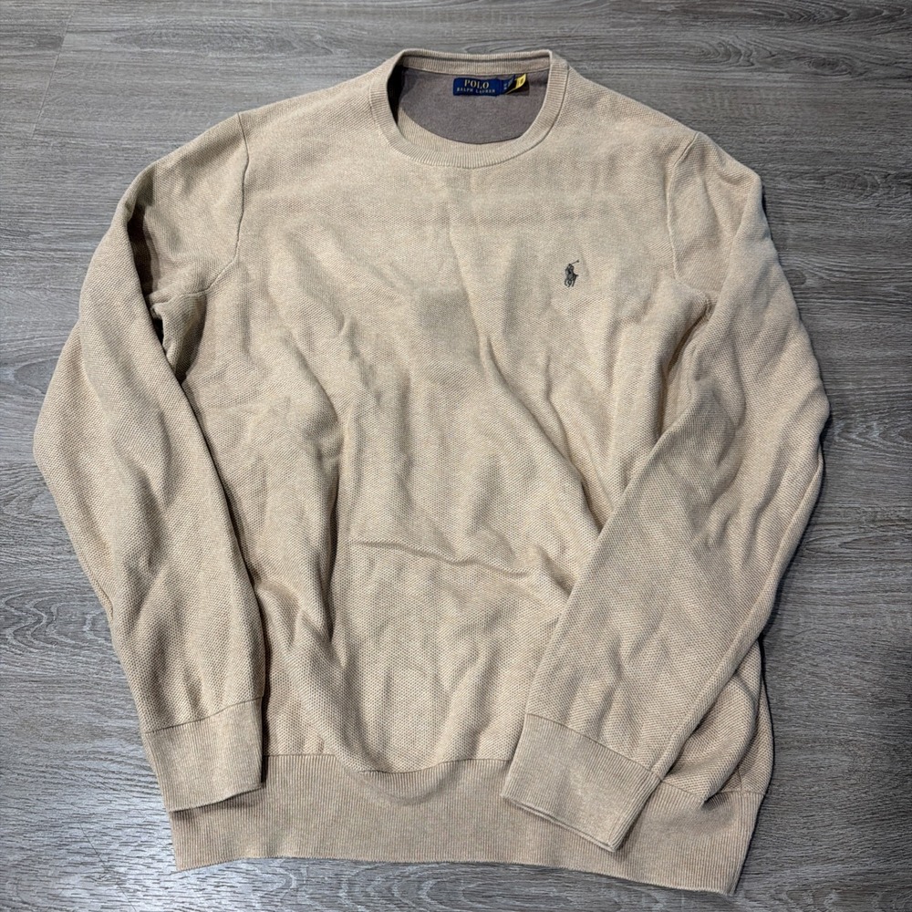 Polo Ralph Lauren Mens L Tall Tan Knit Crew Neck Pullover Sweater Preppy